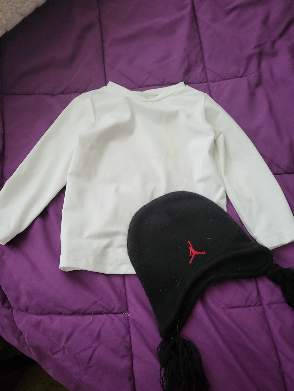 White Long Sleeve Top with Black Jordan Beanie